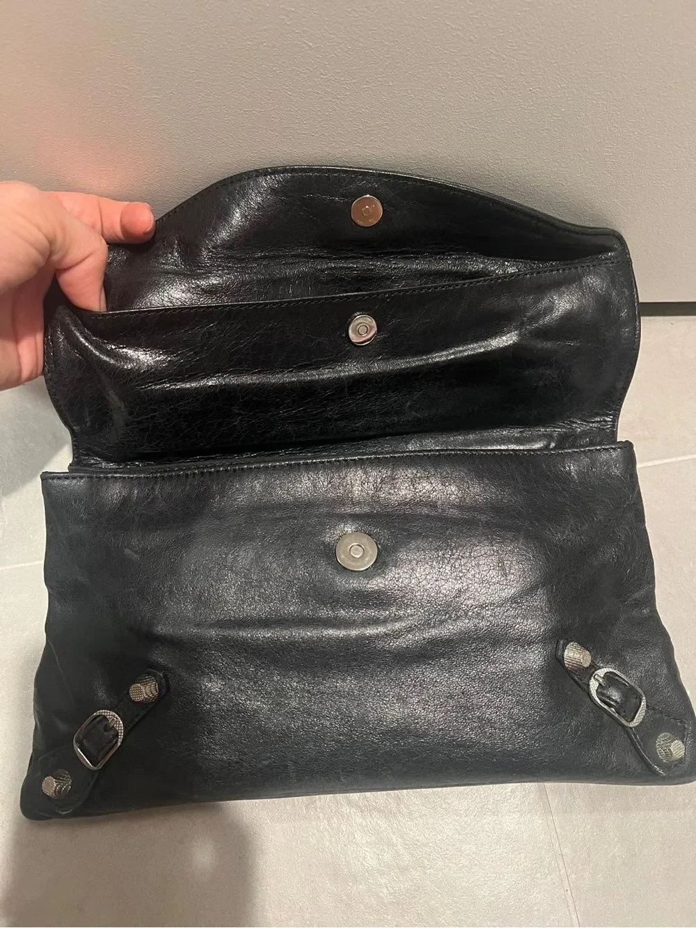 Balenciaga Black Leather Fold-Over Messenger Bag with Silver Hardware authentic